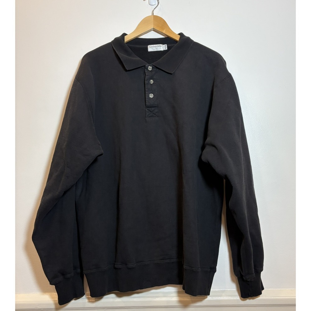 CottonMill Mens Black Heavy Cotton 3-Button Mens Polo Sweatshirt XL Made Canada